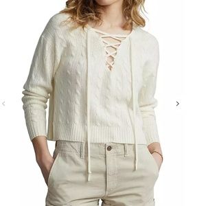 Polo Ralph Lauren Lace Up Neck Cashmere Sweater Cable Cream NWT XL